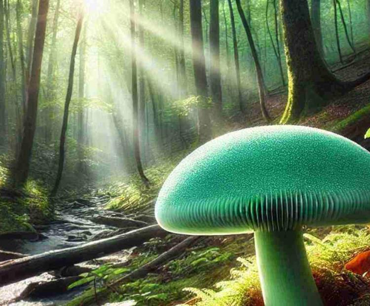 A mint-green mushroom spotted in the Blue Ridge Mountains, glowing softly in the shade.